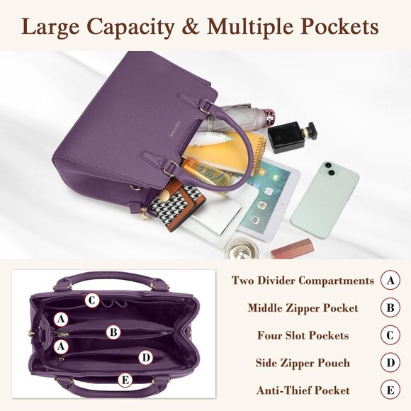 Women Purple PU leather Top-Handle Waterproof Anti Theft Leather Purse Handbag - Picture 5 of 7